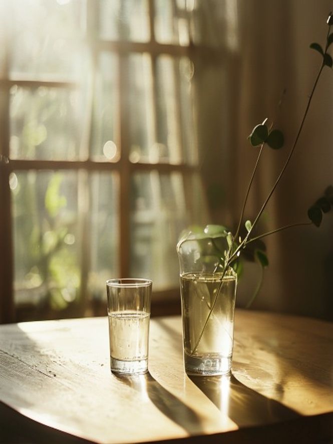 Solljus genom ett fönster på morgonen med en växt på fönsterbrädan